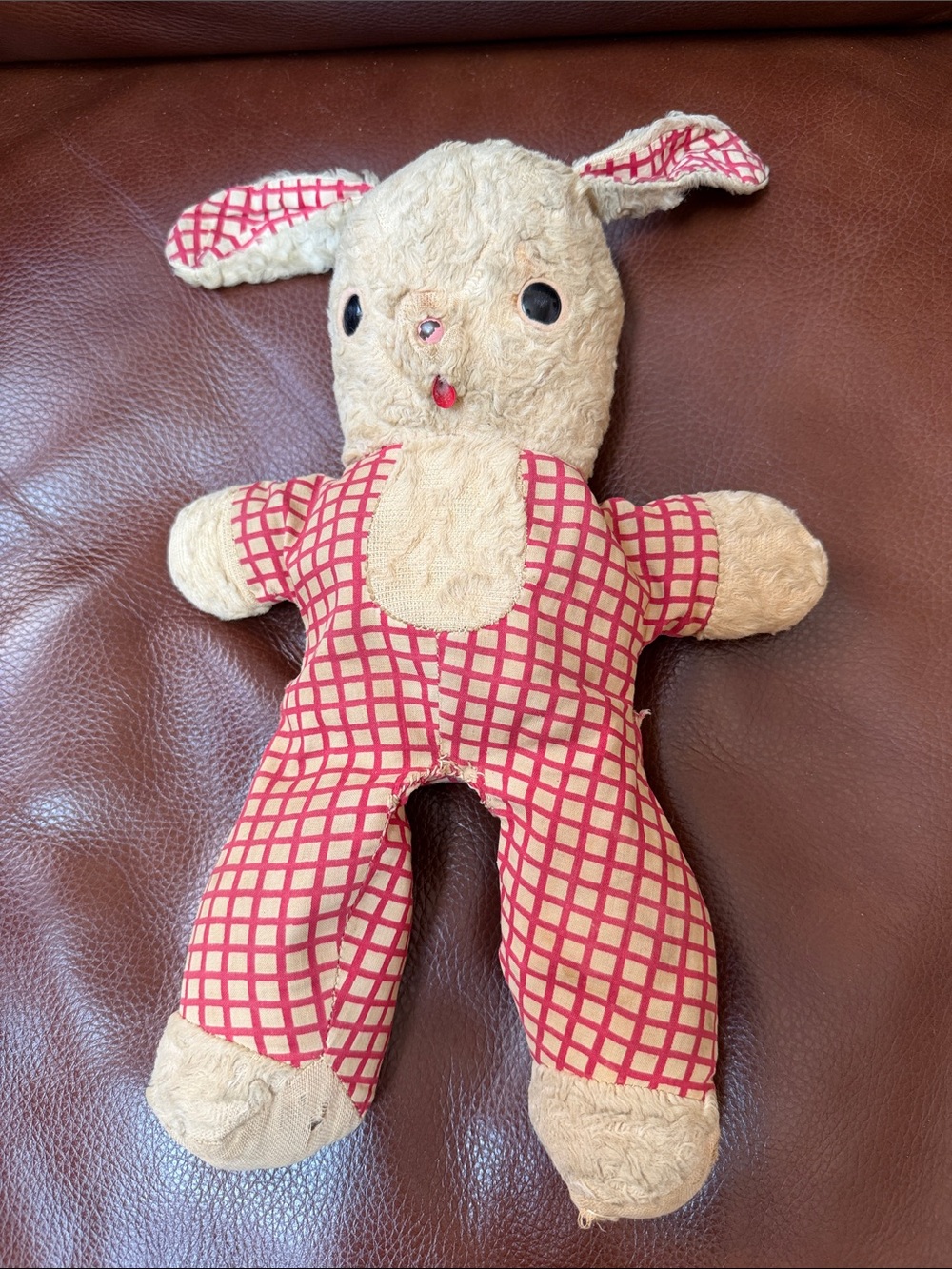 1950’s Plush Bunny Toy in Beige and Red Check - Soft Comfort Companion